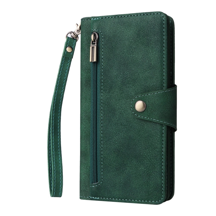 For Google Pixel 6a Rivet Buckle 9 Cards Three Fold Leather Phone Case(Green) - Google Cases by PMC Jewellery | Online Shopping South Africa | PMC Jewellery | Buy Now Pay Later Mobicred