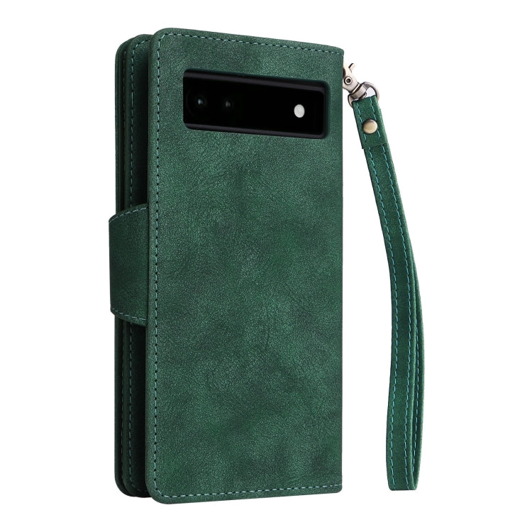 For Google Pixel 6a Rivet Buckle 9 Cards Three Fold Leather Phone Case(Green) - Google Cases by PMC Jewellery | Online Shopping South Africa | PMC Jewellery | Buy Now Pay Later Mobicred