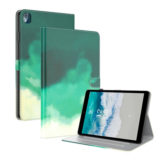 For Nokia T10 Watercolor Pattern Flip Leather Tablet Case(Cyan Green) - Nokia by PMC Jewellery | Online Shopping South Africa | PMC Jewellery | Buy Now Pay Later Mobicred