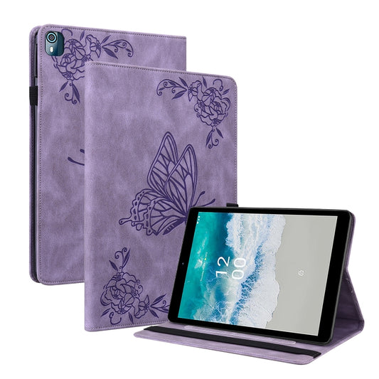 For Nokia T10 Butterfly Flower Embossed Leather Tablet Case(Purple) - Nokia by PMC Jewellery | Online Shopping South Africa | PMC Jewellery | Buy Now Pay Later Mobicred