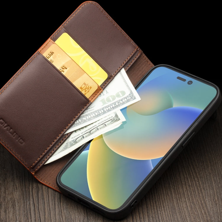 For iPhone 14 Pro QIALINO Business Horizontal Flip PU Phone Case(Brown) - free shipping - PMC TechLife - Order now!