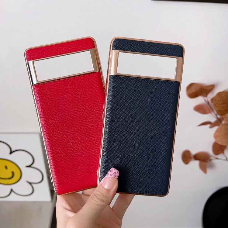 For Google Pixel 6 Pro Nano Electroplating Cross Texture Genuine Leather Phone Case(Blue) - Google Cases by PMC TechLife | Online Shopping South Africa | PMC TechLife | Buy Now Pay Later Mobicred