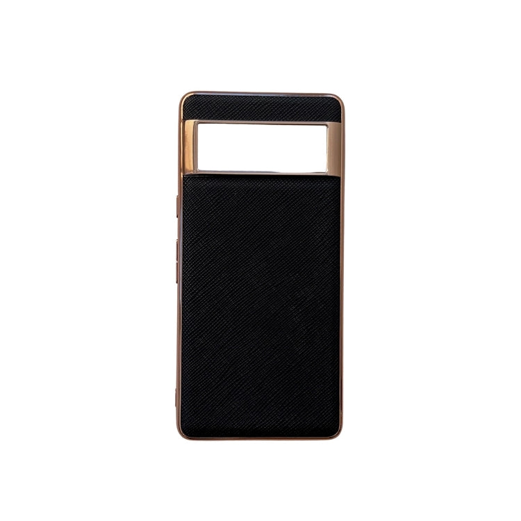 For Google Pixel 6 Nano Electroplating Cross Texture Genuine Leather Phone Case(Black) - Google Cases by PMC TechLife | Online Shopping South Africa | PMC TechLife | Buy Now Pay Later Mobicred