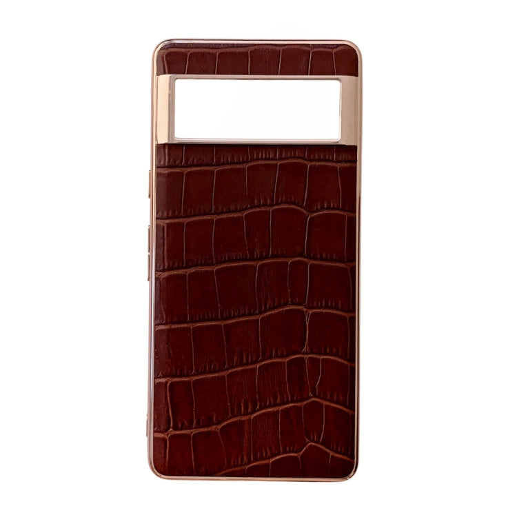 For Google Pixel 6a Crocodile Texture Genuine Leather Electroplating Phone Case(Brown) - Google Cases by PMC TechLife | Online Shopping South Africa | PMC TechLife | Buy Now Pay Later Mobicred
