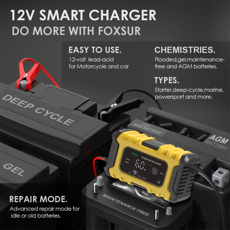 FOXSUR 6A 12V Motorcycle / Car Smart Battery Charger, Plug Type:AU Plug(Yellow) - Battery Charger by FOXSUR | Online Shopping South Africa | PMC Jewellery | Buy Now Pay Later Mobicred