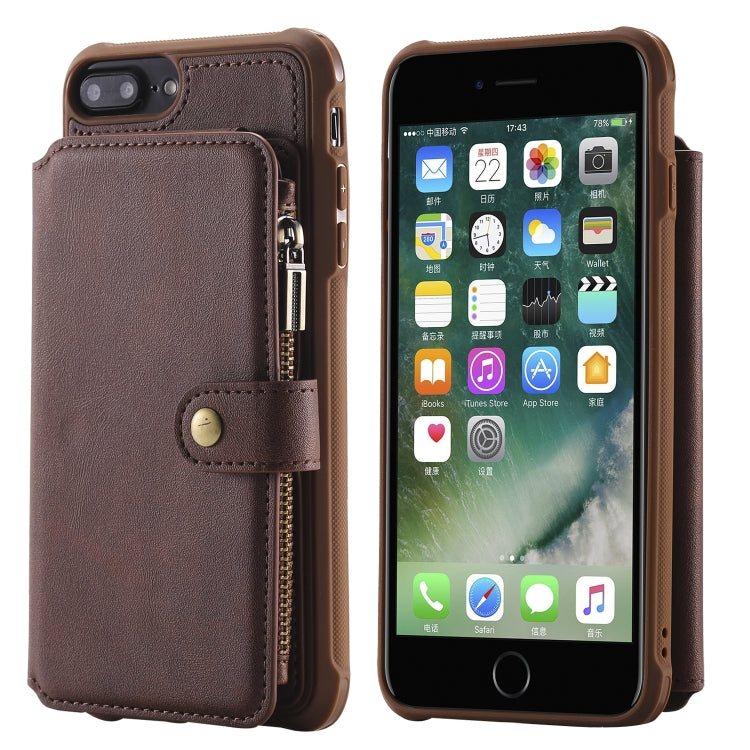 For iPhone 7 Plus / 8 Plus Zipper Shockproof Protective Case with Card Slots & Bracket & Photo Holder & Wallet Function(Coffee) - More iPhone Cases by PMC TechLife | Online Shopping South Africa | PMC TechLife