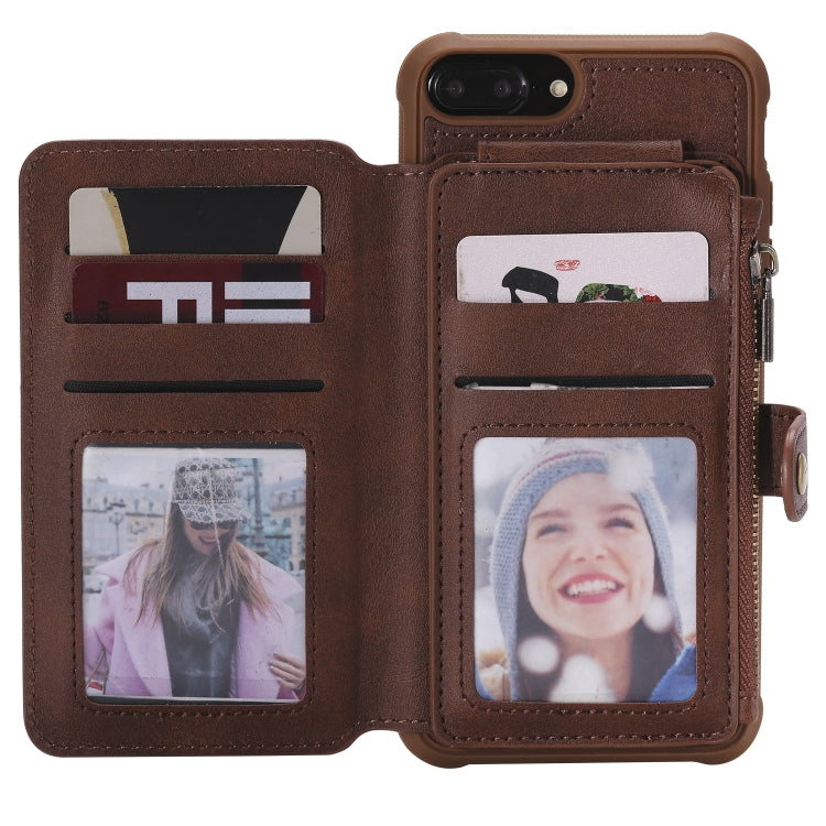 For iPhone 7 Plus / 8 Plus Zipper Shockproof Protective Case with Card Slots & Bracket & Photo Holder & Wallet Function(Coffee) - More iPhone Cases by PMC TechLife | Online Shopping South Africa | PMC TechLife