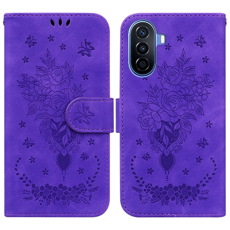For Huawei nova Y70 Plus Butterfly Rose Embossed Leather Phone Case(Purple) - Huawei Cases by PMC TechLife | Online Shopping South Africa | PMC TechLife