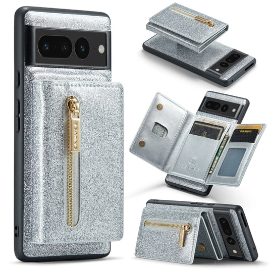 For Google Pixel 7 Pro DG.MING M3 Series Glitter Powder Card Bag Leather Case(Silver) - Google Cases by DG.MING | Online Shopping South Africa | PMC Jewellery | Buy Now Pay Later Mobicred