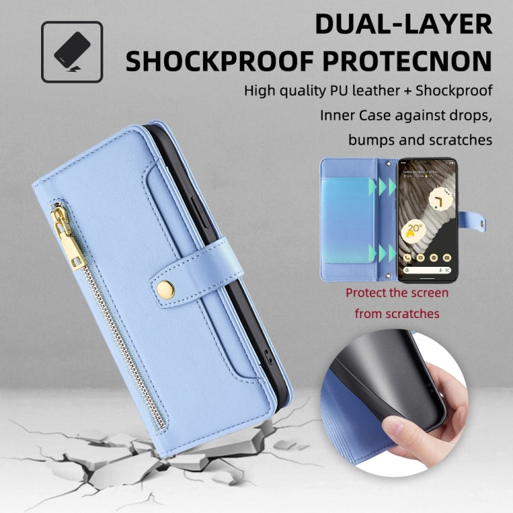 For Google Pixel 7 Pro Sheep Texture Cross-body Zipper Wallet Leather Phone Case(Blue) - Google Cases by PMC TechLife | Online Shopping South Africa | PMC TechLife | Buy Now Pay Later Mobicred