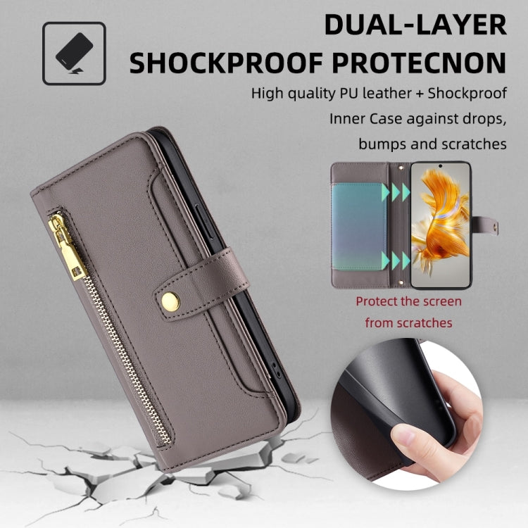 For Huawei Mate 50 Sheep Texture Cross-body Zipper Wallet Leather Phone Case(Grey) - Huawei Cases by PMC TechLife | Online Shopping South Africa | PMC TechLife | Buy Now Pay Later Mobicred