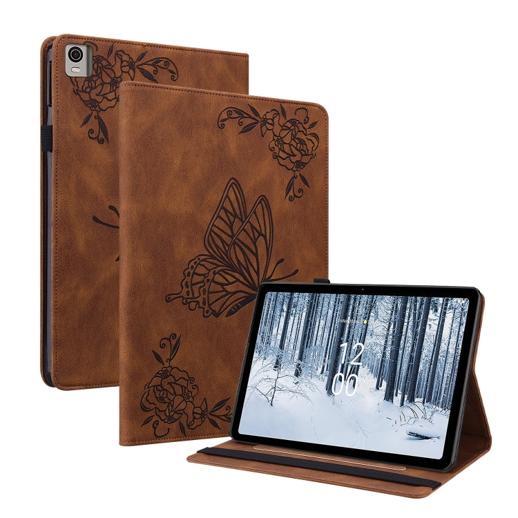 For Nokia T21 Butterfly Flower Embossed Leather Tablet Case(Brown) - Nokia by PMC TechLife | Online Shopping South Africa | PMC TechLife | Buy Now Pay Later Mobicred