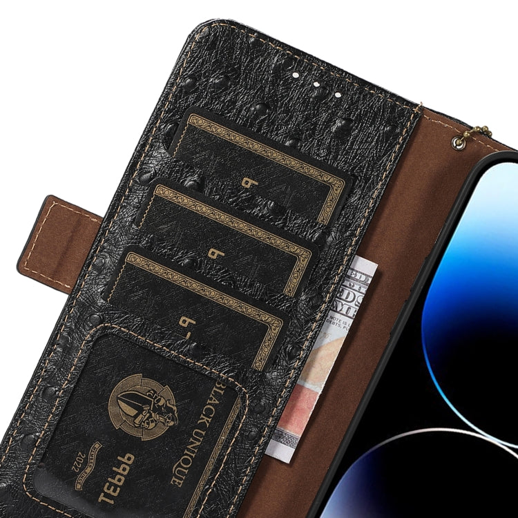 For Motorola Moto E13 4G 2023 Ostrich Pattern Genuine Leather RFID Phone Case(Black) - Motorola Cases by PMC TechLife | Online Shopping South Africa | PMC TechLife | Buy Now Pay Later Mobicred