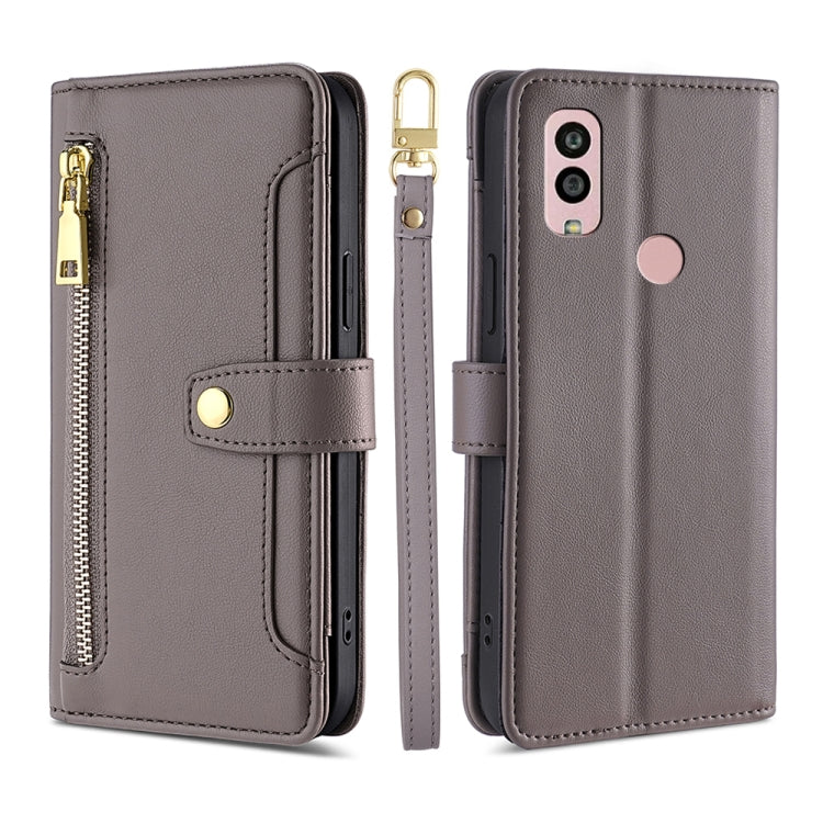 For Kyocera Android One S10 Sheep Texture Cross-body Zipper Wallet Leather Phone Case(Grey) - More Brand by PMC TechLife | Online Shopping South Africa | PMC TechLife | Buy Now Pay Later Mobicred