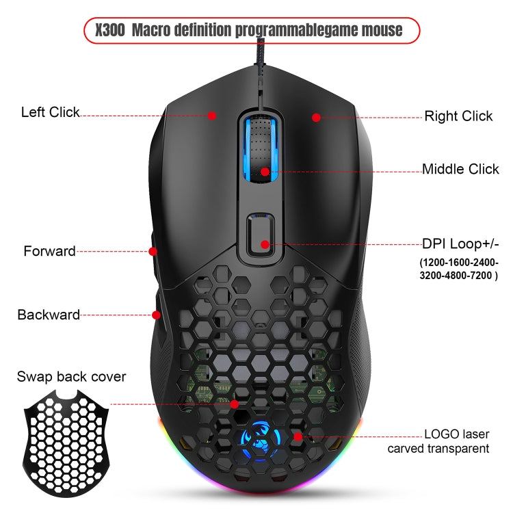 HXSJ X300 7200DPI RGB Backlight Interchangeable Back Cover Hole Gaming Wired Mouse(Black) - Wired Mice by HXSJ | Online Shopping South Africa | PMC Jewellery | Buy Now Pay Later Mobicred