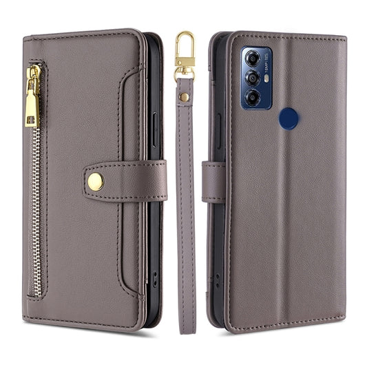 For Motorola Moto G Play 2023 Sheep Texture Cross-body Zipper Wallet Leather Phone Case(Grey) - Motorola Cases by PMC Jewellery | Online Shopping South Africa | PMC Jewellery | Buy Now Pay Later Mobicred