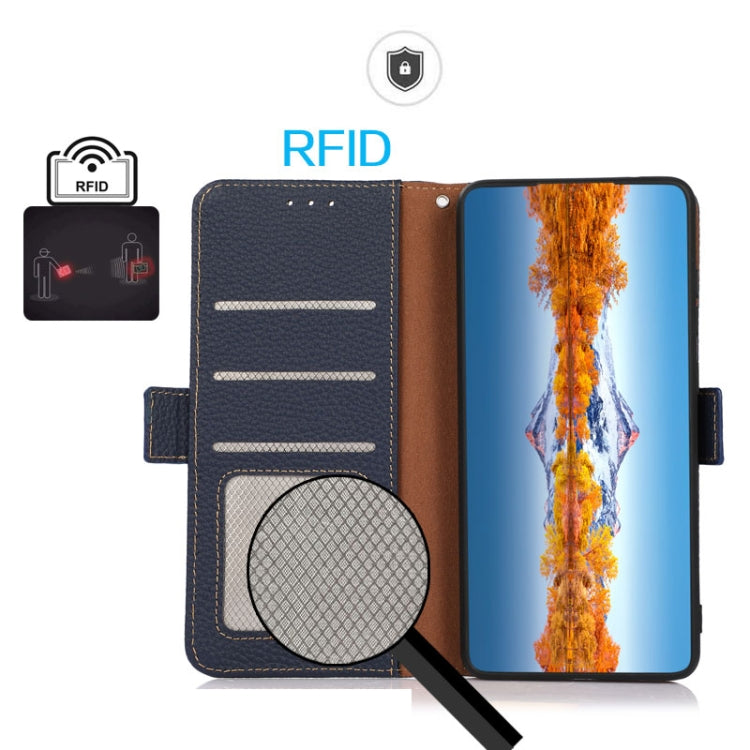 For Google Pixel 7A KHAZNEH Side-Magnetic Litchi Genuine Leather RFID Phone Case(Blue) - Google Cases by PMC TechLife | Online Shopping South Africa | PMC TechLife | Buy Now Pay Later Mobicred