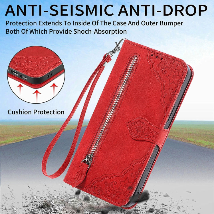 For Blackview A85 Embossed Flower Zipper Leather Phone Case(Red) - More Brand by PMC TechLife | Online Shopping South Africa | PMC TechLife | Buy Now Pay Later Mobicred