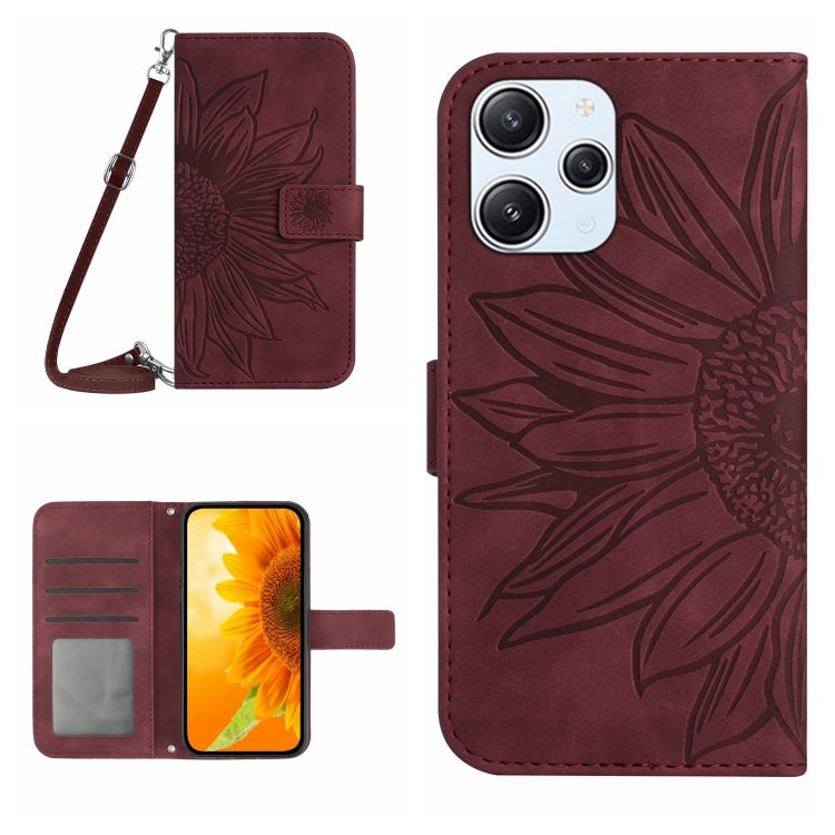 For Xiaomi Redmi 12 4G Global Skin Feel Sun Flower Embossed Flip Leather Phone Case with Lanyard(Wine Red) - Xiaomi Cases by PMC Jewellery | Online Shopping South Africa | PMC Jewellery | Buy Now Pay Later Mobicred