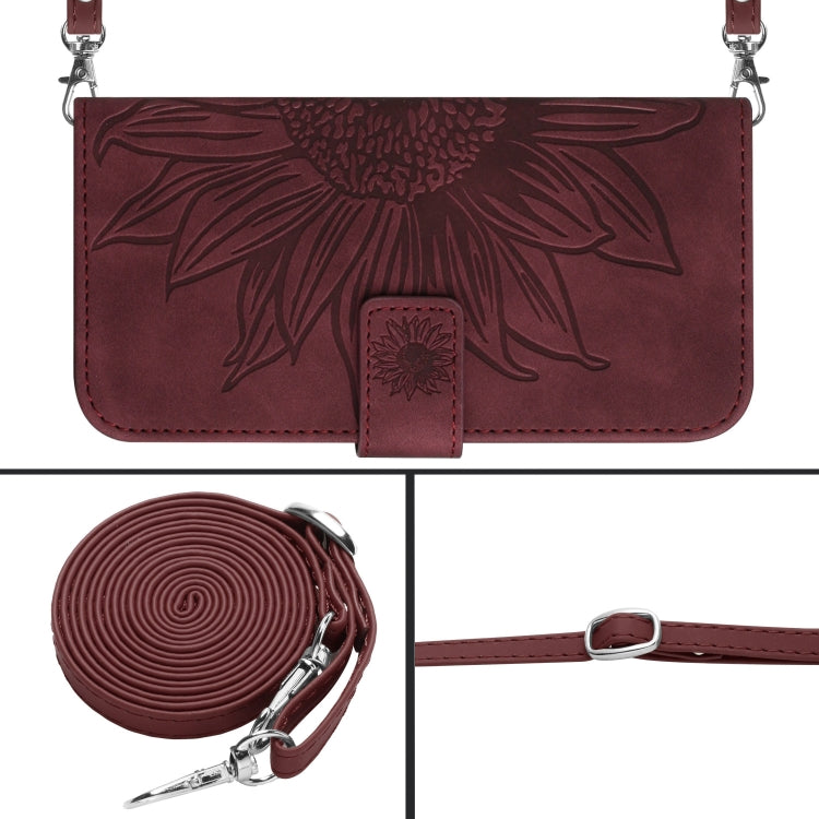 For Xiaomi Redmi 12 5G Skin Feel Sun Flower Embossed Flip Leather Phone Case with Lanyard(Wine Red) - Xiaomi Cases by PMC Jewellery | Online Shopping South Africa | PMC Jewellery | Buy Now Pay Later Mobicred