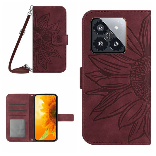 For Xiaomi 14 Skin Feel Sun Flower Embossed Flip Leather Phone Case with Lanyard(Wine Red) - 14 Cases by PMC Jewellery | Online Shopping South Africa | PMC Jewellery | Buy Now Pay Later Mobicred