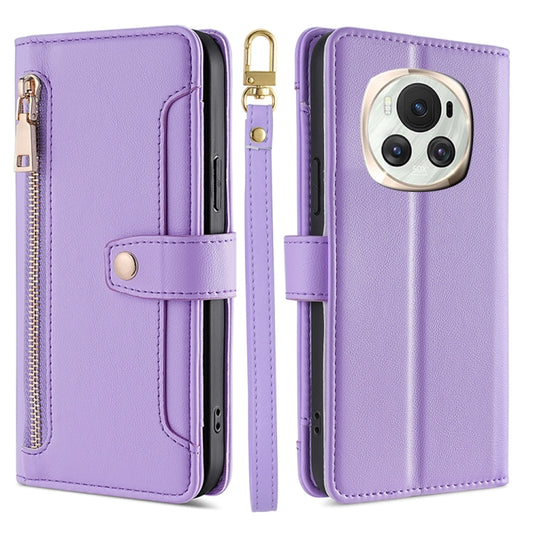 For Honor Magic6 5G Sheep Texture Cross-body Zipper Wallet Leather Phone Case(Purple) - Honor Cases by PMC Jewellery | Online Shopping South Africa | PMC Jewellery | Buy Now Pay Later Mobicred