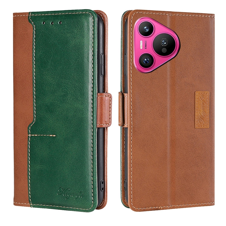 For Huawei Pura 70 5G Contrast Color Side Buckle Leather Phone Case(Light Brown + Green) - Huawei Cases by PMC Jewellery | Online Shopping South Africa | PMC Jewellery | Buy Now Pay Later Mobicred