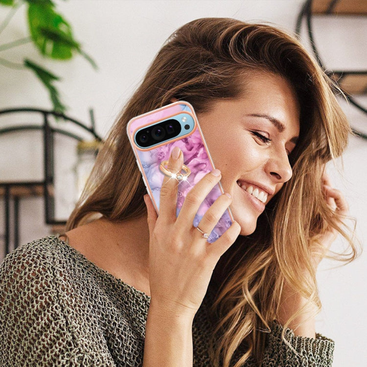 For Google Pixel 9 / 9 Pro Electroplating Marble Dual-side IMD Phone Case with Ring(Pink 013) - Google Cases by PMC Jewellery | Online Shopping South Africa | PMC Jewellery | Buy Now Pay Later Mobicred