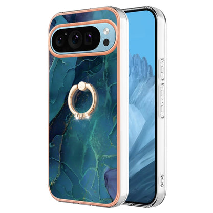 For Google Pixel 9 Pro XL Electroplating Marble Dual-side IMD Phone Case with Ring(Green 017) - Google Cases by PMC Jewellery | Online Shopping South Africa | PMC Jewellery | Buy Now Pay Later Mobicred