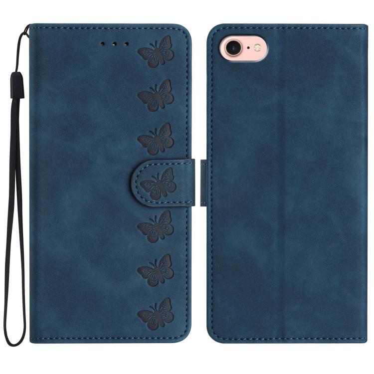 For iPhone 16e Seven Butterflies Embossed Leather Phone Case(Blue) - iPhone 16e Cases by PMC TechLife | Online Shopping South Africa | PMC TechLife | Buy Now Pay Later Mobicred