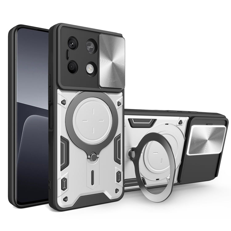 For Xiaomi Redmi Note 13 5G CD Texture Sliding Camshield Magnetic Holder Phone Case(Silver) - Note 13 Cases by PMC TechLife | Online Shopping South Africa | PMC TechLife | Buy Now Pay Later Mobicred