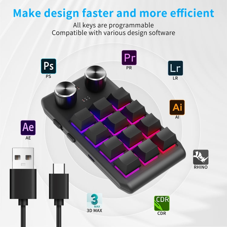 Bluetooth Wireless 12KV2 MOLD Mini Mechanical 12 Keys 2 Knob Custom Programming Keyboard(Black) - Mini Keyboard by PMC Jewellery | Online Shopping South Africa | PMC Jewellery