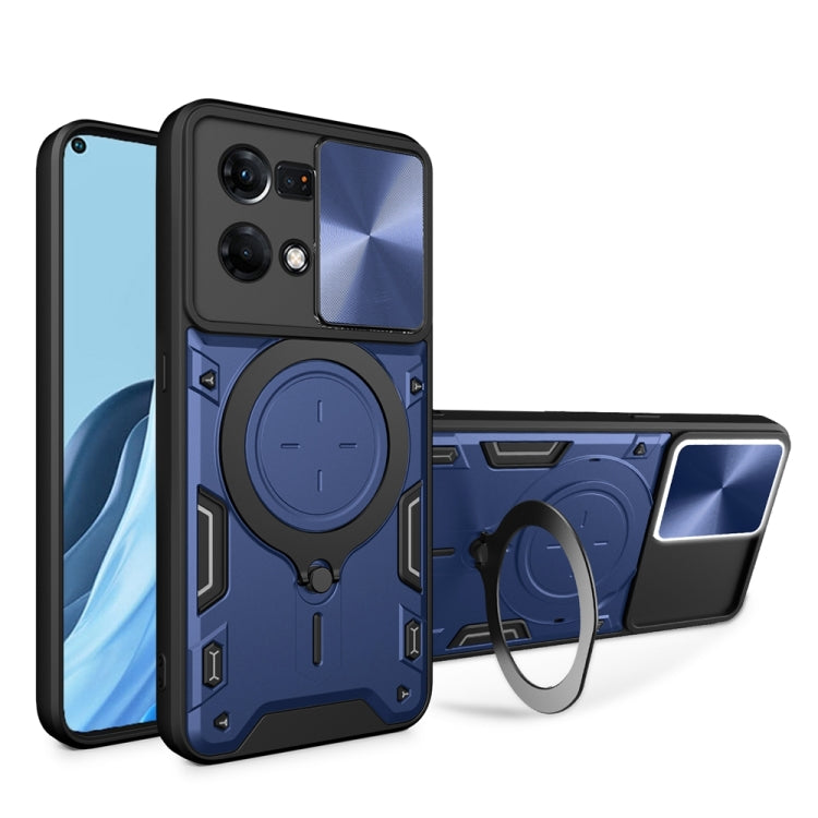 For OPPO Reno7 4G / F21 Pro 4G CD Texture Sliding Camshield Magnetic Holder Phone Case(Blue) - OPPO Cases by PMC Jewellery | Online Shopping South Africa | PMC Jewellery | Buy Now Pay Later Mobicred