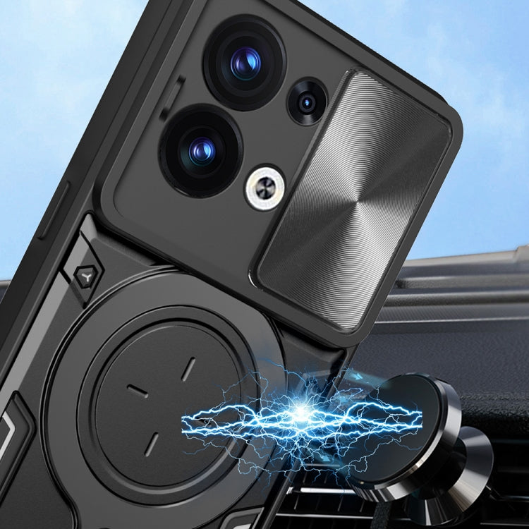For OPPO Reno8 5G CD Texture Sliding Camshield Magnetic Holder Phone Case(Silver) - OPPO Cases by PMC TechLife | Online Shopping South Africa | PMC TechLife | Buy Now Pay Later Mobicred