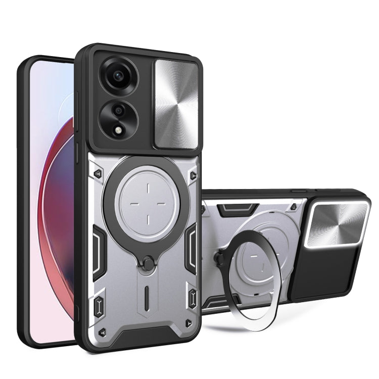For OPPO A78 4G CD Texture Sliding Camshield Magnetic Holder Phone Case(Silver) - OPPO Cases by PMC TechLife | Online Shopping South Africa | PMC TechLife | Buy Now Pay Later Mobicred