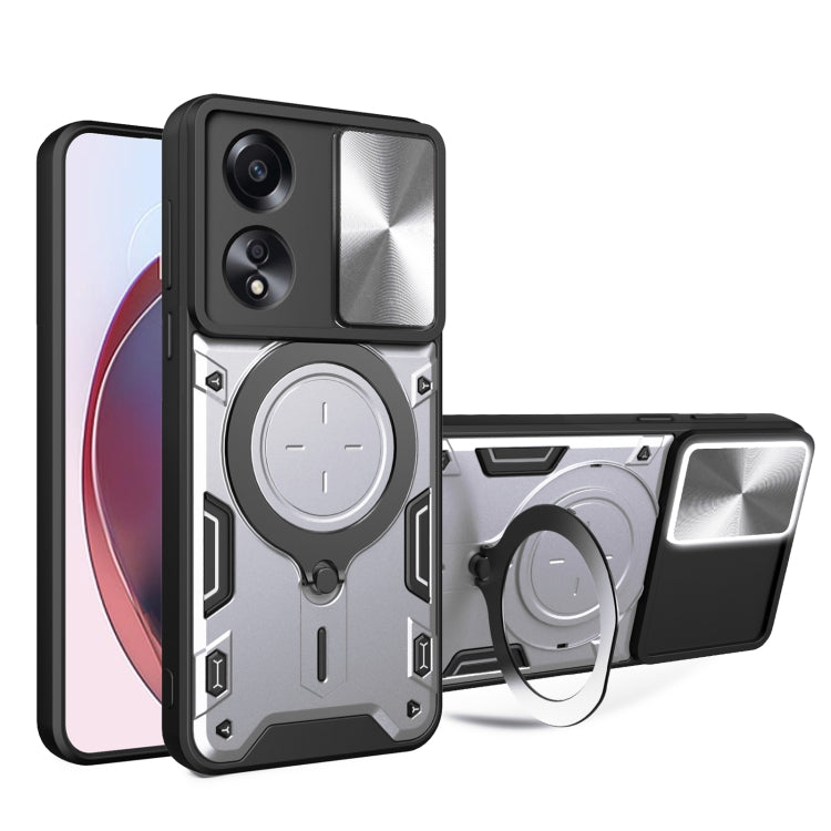 For OPPO A58 4G Global CD Texture Sliding Camshield Magnetic Holder Phone Case(Silver) - OPPO Cases by PMC TechLife | Online Shopping South Africa | PMC TechLife | Buy Now Pay Later Mobicred