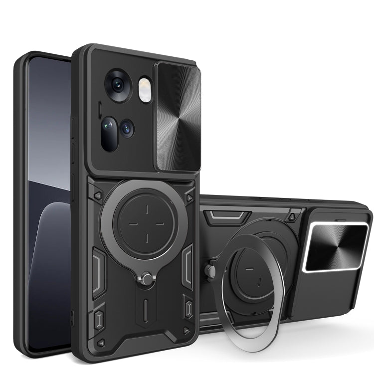 For OPPO Reno11 5G Global CD Texture Sliding Camshield Magnetic Holder Phone Case(Black) - Reno11 Cases by PMC TechLife | Online Shopping South Africa | PMC TechLife | Buy Now Pay Later Mobicred