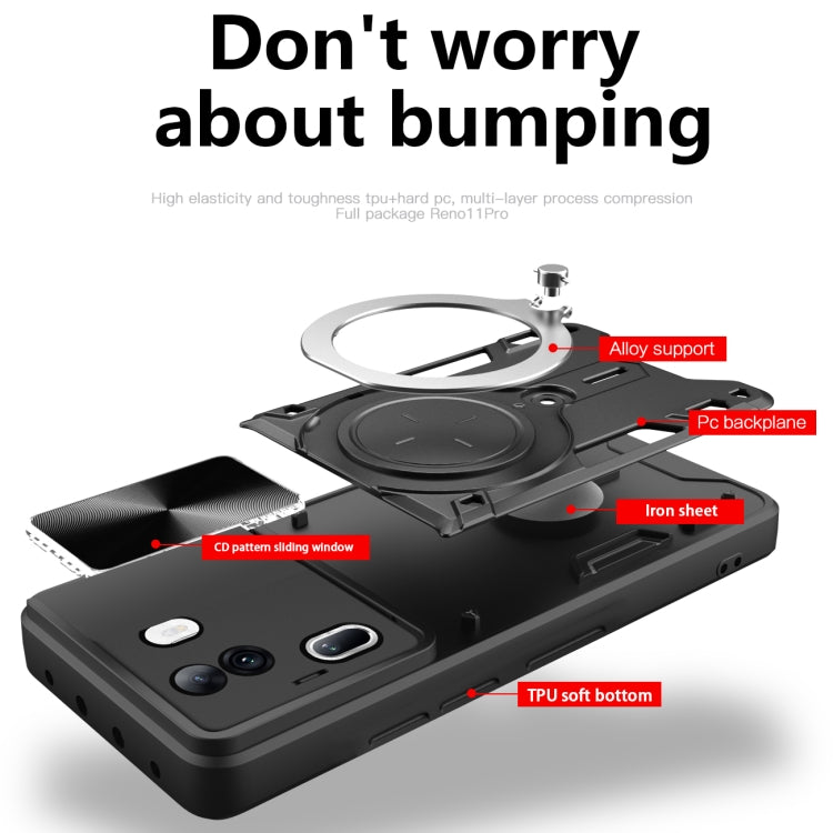 For OPPO Reno11 Pro 5G Global CD Texture Sliding Camshield Magnetic Holder Phone Case(Silver) - Reno11 Pro Cases by PMC TechLife | Online Shopping South Africa | PMC TechLife | Buy Now Pay Later Mobicred