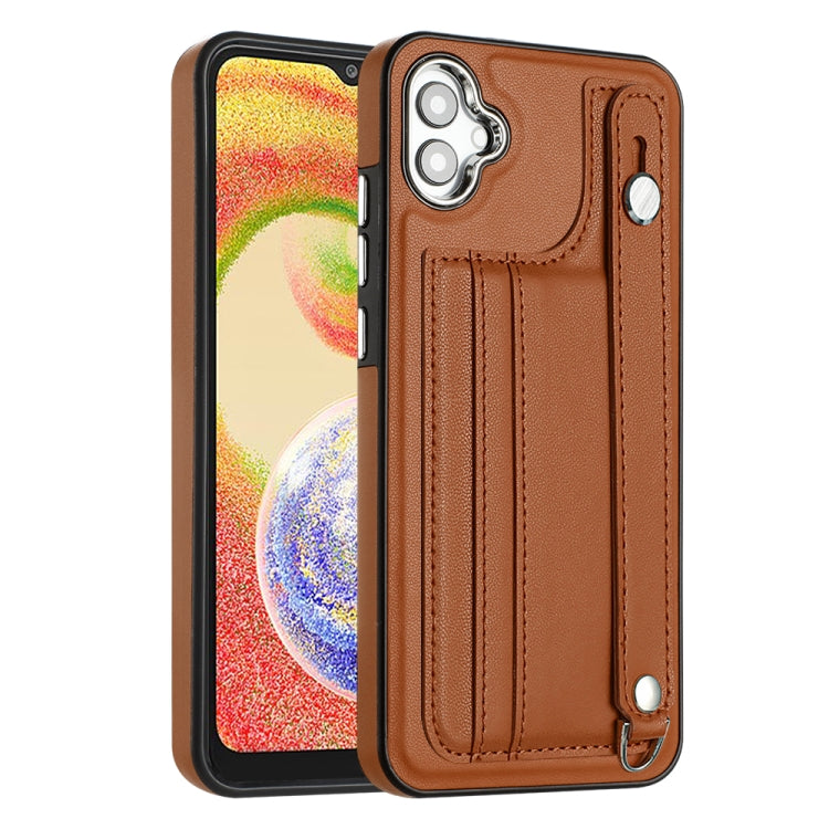 For Samsung Galaxy A04E / F04 / M04 Shockproof Leather Phone Case with Wrist Strap(Brown) - free shipping - PMC TechLife - Order now!