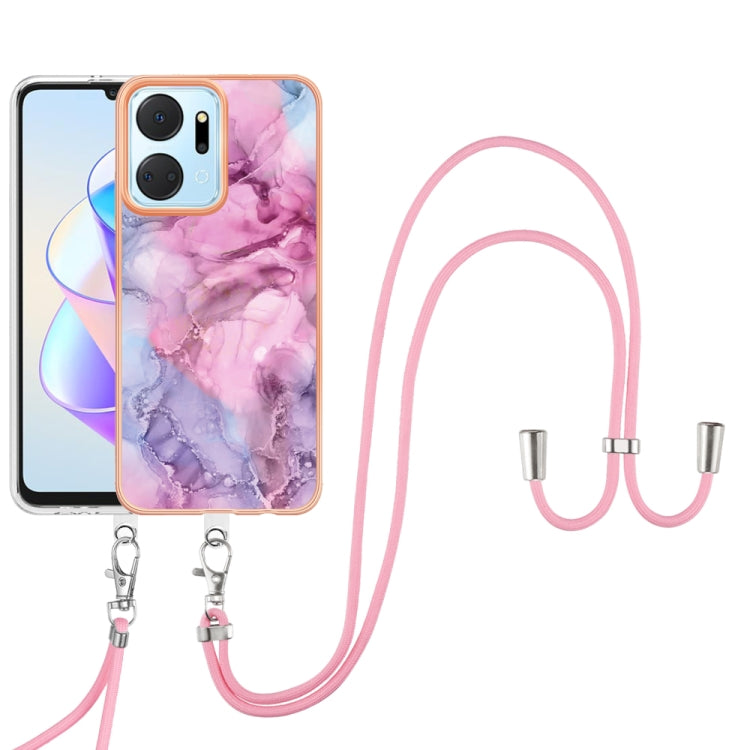 For Honor X7a Electroplating Marble Dual-side IMD Phone Case with Lanyard(Pink 013) - Honor Cases by PMC Jewellery | Online Shopping South Africa | PMC Jewellery