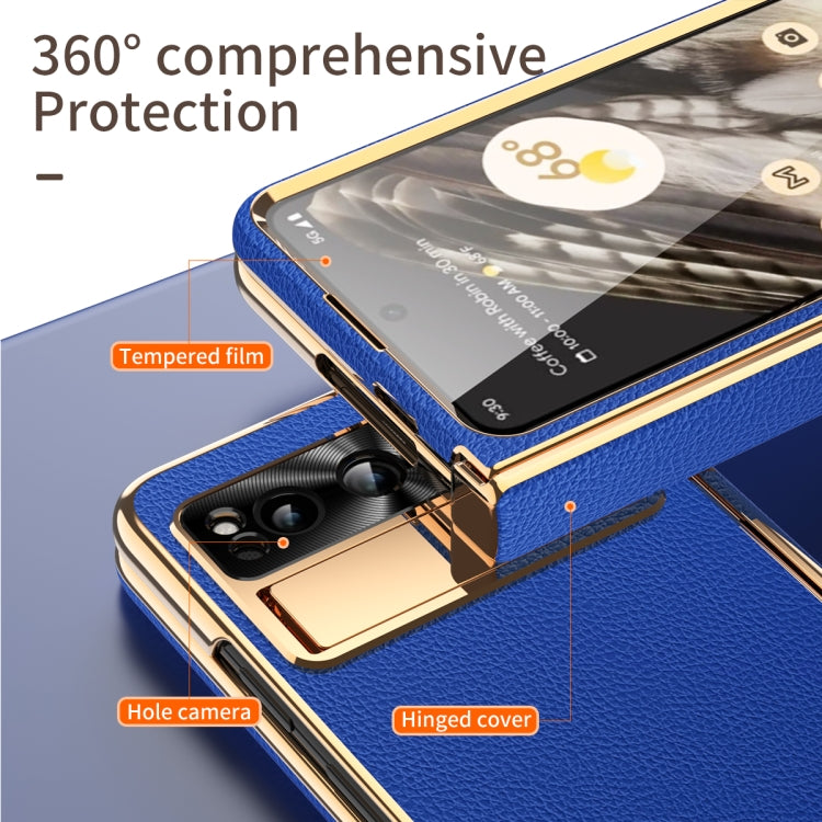 For Google Pixel Fold Litchi Pattern Electroplating Folding Phone Case with Hinge(Royal Blue) - Google Cases by PMC TechLife | Online Shopping South Africa | PMC TechLife | Buy Now Pay Later Mobicred