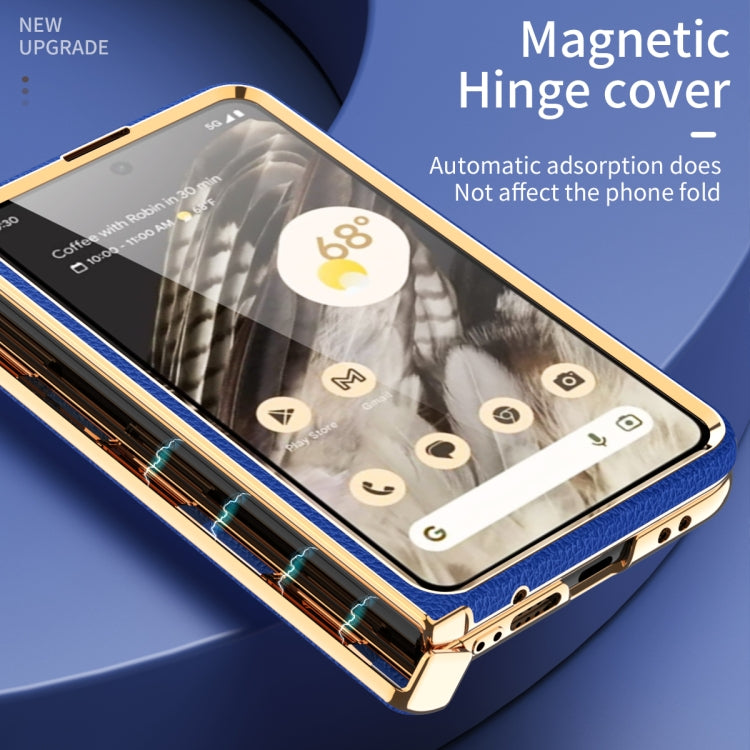 For Google Pixel Fold Litchi Pattern Electroplating Folding Phone Case with Hinge(Royal Blue) - Google Cases by PMC TechLife | Online Shopping South Africa | PMC TechLife | Buy Now Pay Later Mobicred