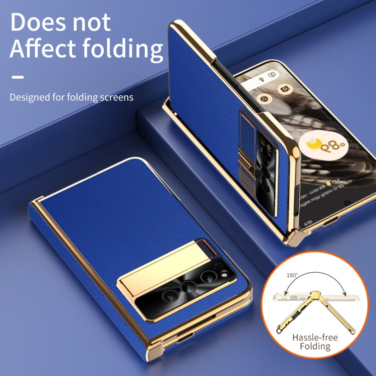 For Google Pixel Fold Litchi Pattern Electroplating Folding Phone Case with Hinge(Royal Blue) - Google Cases by PMC TechLife | Online Shopping South Africa | PMC TechLife | Buy Now Pay Later Mobicred