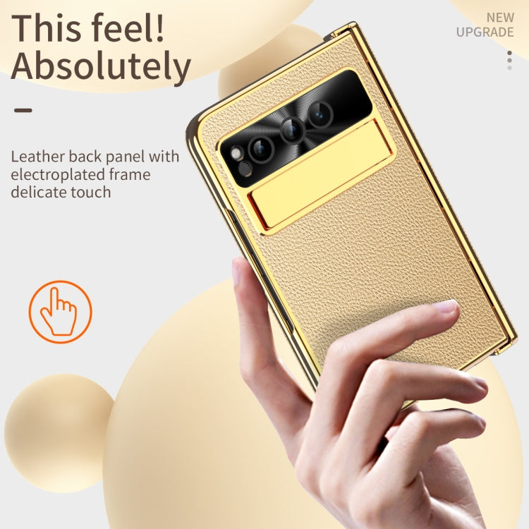For Google Pixel Fold Litchi Pattern Electroplating Folding Phone Case with Hinge(Gold) - Google Cases by PMC TechLife | Online Shopping South Africa | PMC TechLife | Buy Now Pay Later Mobicred