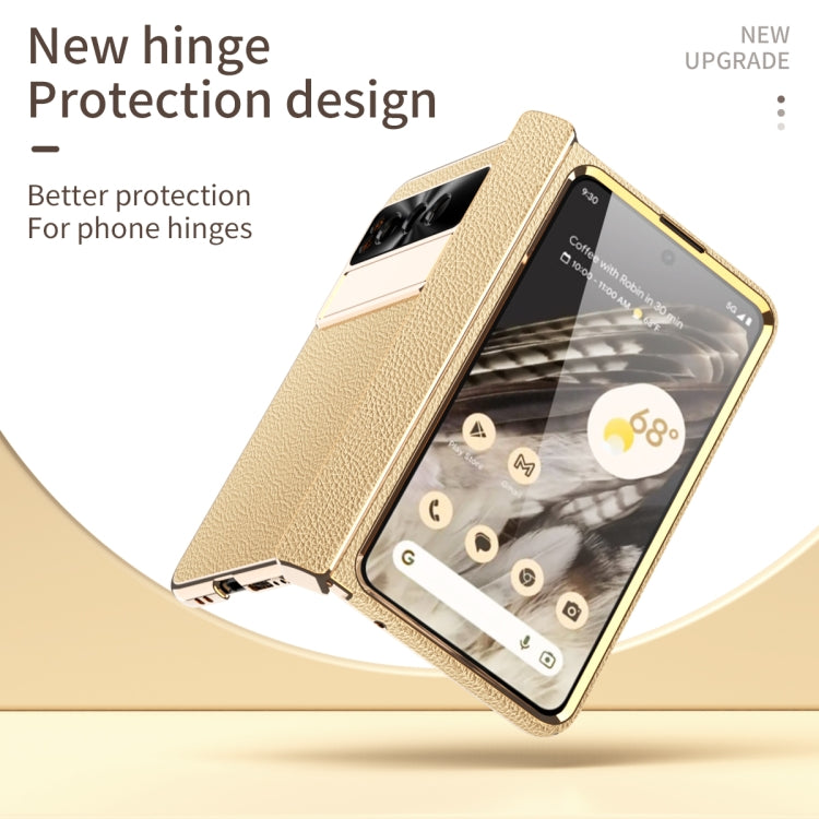 For Google Pixel Fold Litchi Pattern Electroplating Folding Phone Case with Hinge(Gold) - Google Cases by PMC TechLife | Online Shopping South Africa | PMC TechLife | Buy Now Pay Later Mobicred