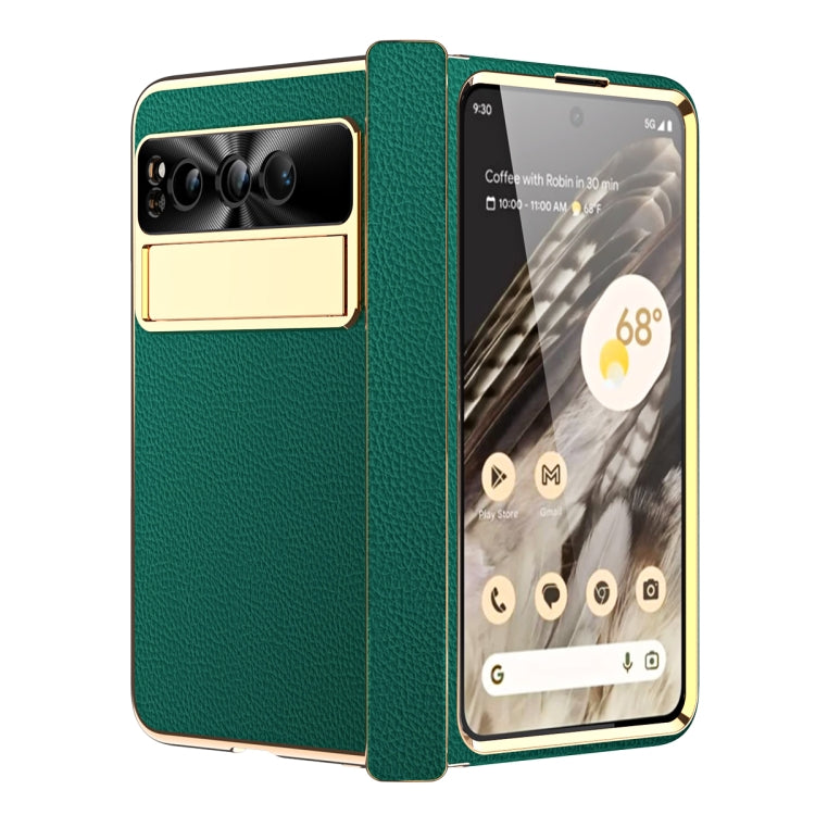 For Google Pixel Fold Litchi Pattern Electroplating Folding Phone Case with Hinge(Green) - Google Cases by PMC TechLife | Online Shopping South Africa | PMC TechLife | Buy Now Pay Later Mobicred