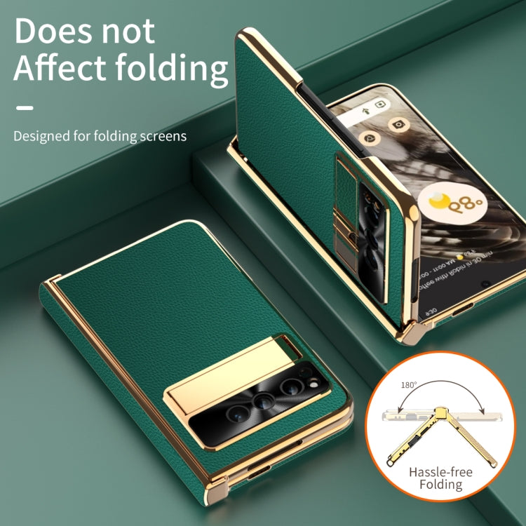 For Google Pixel Fold Litchi Pattern Electroplating Folding Phone Case with Hinge(Green) - Google Cases by PMC TechLife | Online Shopping South Africa | PMC TechLife | Buy Now Pay Later Mobicred