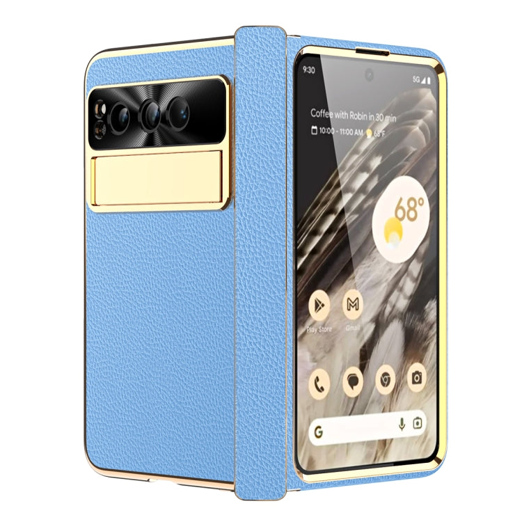 For Google Pixel Fold Litchi Pattern Electroplating Folding Phone Case with Hinge(Blue) - Google Cases by PMC TechLife | Online Shopping South Africa | PMC TechLife | Buy Now Pay Later Mobicred