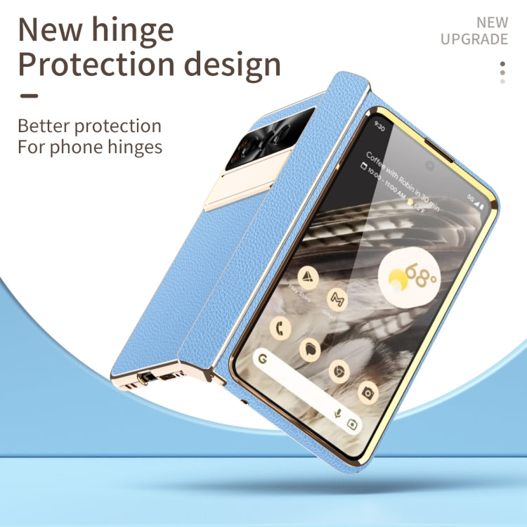 For Google Pixel Fold Litchi Pattern Electroplating Folding Phone Case with Hinge(Blue) - Google Cases by PMC TechLife | Online Shopping South Africa | PMC TechLife | Buy Now Pay Later Mobicred