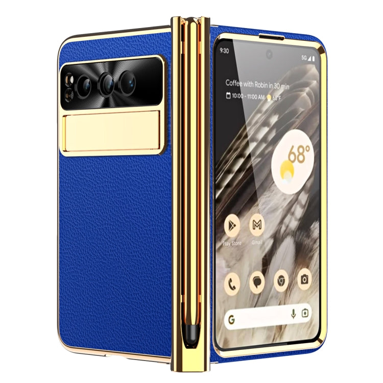 For Google Pixel Fold Litchi Pattern Electroplating Pen Slot Folding Phone Case with Stylus(Royal Blue) - Google Cases by PMC TechLife | Online Shopping South Africa | PMC TechLife | Buy Now Pay Later Mobicred
